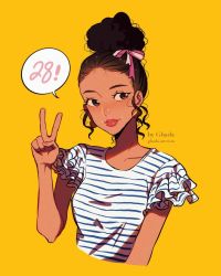 Rule 34 | 1girl, artist name, blush, bow, brown eyes, brown hair, collarbone, commentary, dark-skinned female, dark skin, earrings, english commentary, frilled shirt, frills, ghada (wan), hair behind ear, hair bow, head tilt, highres, jewelry, looking to the side, original, pink bow, shirt, short sleeves, smile, solo, speech bubble, striped clothes, striped shirt, upper body, v, watermark, web address, white shirt, yellow background
