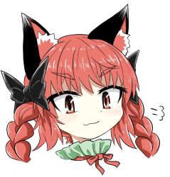 Rule 34 | 1girl, :3, animal ears, black bow, bow, braid, cat ears, chups, frills, green frills, kaenbyou rin, looking at viewer, portrait, red eyes, red hair, red neckwear, ribbon, solo, touhou, twin braids, white background
