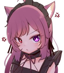 Rule 34 | 1girl, ahoge, anger vein, angry, animal ear fluff, animal ears, braid, cat ears, frilled straps, gothic lolita, hair ribbon, heterochromia, indie virtual youtuber, lolita fashion, looking at viewer, mikeneko (vtuber), mikeneko (vtuber) (1st costume), milk tea 1993, neck ribbon, niconico, portrait, pout, purple eyes, red eyes, ribbon, sidelocks, simple background, virtual youtuber, white background