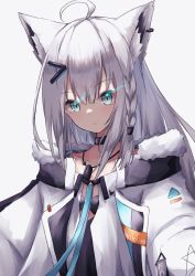 Rule 34 | 1girl, ahoge, animal ear fluff, animal ears, blue eyes, braid, closed mouth, collarbone, commentary request, ear piercing, flaming eye, fox ears, fur-trimmed jacket, fur trim, grey background, hair between eyes, hair ornament, hairclip, hayashi maka, highres, hololive, jacket, long hair, looking at viewer, piercing, shirakami fubuki, shirakami fubuki (fubukitek), simple background, solo, upper body, virtual youtuber, white hair, white jacket