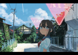 Rule 34 | 1girl, black eyes, black hair, cloud, day, flower, frown, grass, hakuto 173, highres, hill, holographic interface, house, inami hatoko, letterboxed, original, plant, power lines, road, road sign, school uniform, serafuku, sidelocks, sign, sky, solo, stop sign, street, town, transparent, upper body, utility pole, vines