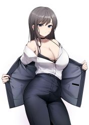 Rule 34 | 1girl, bare shoulders, black bra, black choker, black eyes, bra, breasts, brown hair, choker, cleavage, coat, collarbone, collared shirt, cowboy shot, ddangbi, earrings, high-waist pants, highres, holding, jewelry, large breasts, light blush, long hair, looking at viewer, off shoulder, open clothes, open coat, original, pants, shirt, shirt tucked in, simple background, solo, spaghetti strap, underwear, white background, white shirt