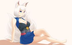 Rule 34 | absurdres, animal ears, azur lane, barefoot, blue eyes, blue skirt, breasts, cleavage, feet, fox ears, fox girl, fox tail, full body, highres, kaga (azur lane), looking at viewer, multiple tails, skirt, solo, tail, takie arts, white hair, white tail