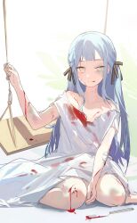 Rule 34 | 1girl, absurdres, bandaid, bandaid on arm, bandaid on face, bang dream!, bang dream! it&#039;s mygo!!!!!, black ribbon, blood, blood on arm, blood on clothes, blood on face, blue hair, braid, bruise, closed mouth, collarbone, commentary, cuts, dress, french braid, hair ribbon, hashtag-only commentary, highres, injury, knife, long hair, looking at viewer, off shoulder, ribbon, shenqi de (9), sidelocks, sitting, solo, swing, togawa sakiko, white dress, yellow eyes