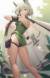 Rule 34 | 1girl, absurdres, animal ears, arknights, armband, ass, back, bare shoulders, belt pouch, bilibili xiaolu, black choker, breasts, cape, cat ears, cat girl, cat tail, choker, from behind, green eyes, green one-piece swimsuit, highres, huge filesize, kal&#039;tsit (arknights), long legs, looking back, material growth, one-piece swimsuit, oripathy lesion (arknights), pouch, short hair, silver hair, skindentation, small breasts, solo, swimsuit, tail, thigh strap, thighs, wet
