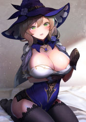 Rule 34 | 1girl, artist name, black thighhighs, blue hat, breasts, brown eyes, brown hair, capelet, cleavage, commentary request, dress, genshin impact, green eyes, hair between eyes, hat, highres, hokeki yougu, large breasts, lisa (genshin impact), looking at viewer, multicolored clothes, multicolored dress, open mouth, purple capelet, short hair, sitting, smile, solo, thighhighs, vision (genshin impact), wariza, witch hat