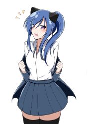 Rule 34 | 1girl, animal ears, assault lily, black thighhighs, blue hair, blue jacket, blue skirt, blush, breasts, cat ears, collared shirt, commentary request, fake animal ears, feel (beniironotori), hair between eyes, hands up, high ponytail, highres, ishikawa aoi, jacket, long sleeves, looking at viewer, medium breasts, miniskirt, notice lines, open clothes, open jacket, open mouth, pleated skirt, purple eyes, school uniform, shirt, shirt tucked in, side ponytail, sidelocks, simple background, skirt, solo, standing, thighhighs, undressing, white background, white shirt, zettai ryouiki