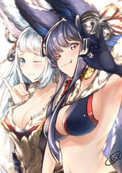 Rule 34 | 2girls, absurdres, animal ears, arm up, armpits, bell, black gloves, black hair, blue eyes, blush, breasts, cleavage, closed mouth, collarbone, commentary request, erune, fang, fang out, fox ears, fox shadow puppet, fox tail, fur trim, gloves, granblue fantasy, hair bell, hair ornament, highres, jingle bell, large breasts, long hair, looking at viewer, multiple girls, nabeji (wata nb), navel, one eye closed, red eyes, silver hair, smile, societte (granblue fantasy), tail, very long hair, yuel (granblue fantasy)