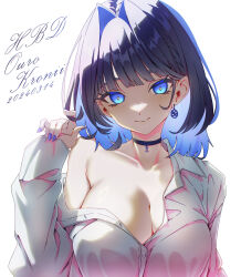 Rule 34 | 1girl, arm up, ass, blue eyes, blue hair, blue nails, blunt bangs, blush, breasts, choker, cleavage, collarbone, collared shirt, colored inner hair, dress shirt, earrings, english text, hair intakes, highres, hololive, hololive english, jewelry, large breasts, long sleeves, looking at viewer, multicolored hair, nail polish, naked shirt, off shoulder, official alternate costume, ouro kronii, partially unbuttoned, shirt, short hair, sidelocks, simple background, solo, taka t, twirling hair, two-tone hair, virtual youtuber, white background, white shirt