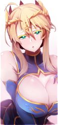 Rule 34 | 1girl, ahoge, aqua eyes, artoria pendragon (fate), artoria pendragon (lancer) (fate), bad id, bad twitter id, bare shoulders, blue dress, blurry, blurry background, blush, braid, breasts, brown background, cleavage, cleavage cutout, clothing cutout, colored eyelashes, commentary request, covered erect nipples, crown, depth of field, detached sleeves, dress, fate/grand order, fate (series), french braid, glint, gradient background, hair between eyes, head tilt, headpiece, highres, large breasts, light brown hair, long hair, long sleeves, looking at viewer, parted lips, shiny skin, sidelocks, sleeveless, sleeveless dress, solo, wada kazu, white background