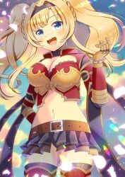 Rule 34 | 1girl, :d, belt, belt buckle, black hairband, black skirt, blonde hair, blue sky, blush, braid, breasts, brown belt, buckle, cleavage, cloud, cloudy sky, commentary request, commission, day, gauntlets, granblue fantasy, green eyes, hair intakes, hairband, hand up, kou hiyoyo, long hair, medium breasts, navel, open mouth, outdoors, pleated skirt, red thighhighs, sidelocks, skeb commission, skirt, sky, smile, solo, teeth, thighhighs, twintails, upper teeth only, zeta (granblue fantasy)