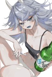 Rule 34 | 1girl, @ @, arm rest, bare legs, bare shoulders, black tank top, blush, bottle, breasts, cigarette, cleavage, collarbone, crop top, fangs, feet out of frame, frost fog, grey eyes, grey hair, highres, holding, holding bottle, holding cigarette, horns, knee up, long bangs, long hair, looking at viewer, navel, no pants, open mouth, original, panties, raised eyebrows, reaching, reaching towards viewer, sidelocks, sleeveless, small breasts, smoke trail, stomach, swept bangs, tank top, thighs, underwear, white panties