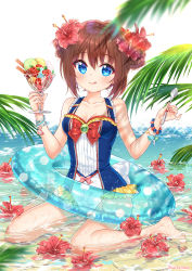 Rule 34 | 1girl, bad id, bad pixiv id, bare legs, bare shoulders, barefoot, blue eyes, blue innertube, blurry, blurry foreground, bow, breasts, brown hair, closed mouth, collarbone, commentary, depth of field, double bun, english commentary, flower, flower on liquid, food, hair between eyes, hair bun, hair flower, hair ornament, hibiscus, highres, holding, holding spoon, ice cream, innertube, licking lips, looking at viewer, medium breasts, nami (nyaa), one-piece swimsuit, original, palm tree, pink bow, red flower, sand, side bun, sitting, smile, solo, spoon, sunlight, swim ring, swimsuit, tongue, tongue out, transparent, tree, wariza, water, wet, white background, white one-piece swimsuit