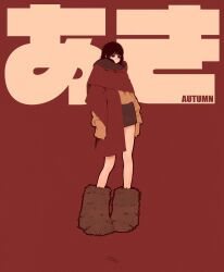 Rule 34 | 1girl, bare legs, black hair, blending, boots, brown footwear, brown skirt, brown sweater, english text, expressionless, highres, original, red background, red scarf, scarf, skirt, sleeves past wrists, solo, standing, sweater, syooooyoooo, wide shot