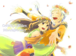 Rule 34 | anniversary, brother and sister, brown hair, english text, freyjadour falenas, gensou suikoden, gensou suikoden v, head wreath, hug, long hair, lymsleia falenas, m6c6m, orange shirt, outstretched hand, shirt, siblings, smile, white hair
