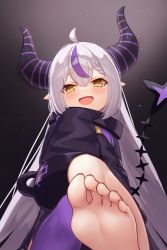 Rule 34 | 1girl, :d, absurdres, ahoge, barefoot, bitseon, blush, collar, commentary, demon horns, feet, foot focus, foreshortening, from below, hair between eyes, highres, hololive, horns, la+ darknesss, long hair, long sleeves, looking at viewer, metal collar, multicolored hair, open mouth, pointy ears, purple hair, purple thighhighs, silver hair, single thighhigh, sleeves past fingers, sleeves past wrists, smile, soles, solo, streaked hair, striped horns, tail, tail raised, thighhighs, toes, very long hair, virtual youtuber, yellow eyes