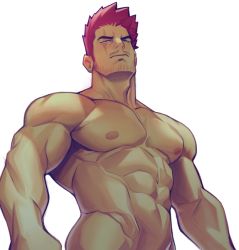 Rule 34 | 1boy, abs, bara, boku no hero academia, completely nude, cowboy shot, endeavor (boku no hero academia), artistic error, facial hair, holo eden, large pectorals, long sideburns, looking up, male focus, mature male, muscular, muscular male, navel, nipples, nude, out-of-frame censoring, pectorals, scar, scar across eye, scar on face, short hair, sideburns, solo, stomach, stubble, thick eyebrows, white background