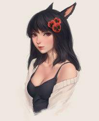 Rule 34 | 1girl, animal ears, warrior of light (ff14), black hair, breasts, cat ears, cleavage, close-up, closed mouth, cropped torso, final fantasy, final fantasy xiv, flower, grey background, hair flower, hair ornament, lips, long hair, looking at viewer, medium breasts, miqo&#039;te, miura-n315, profile, red eyes, slit pupils, solo, tank top
