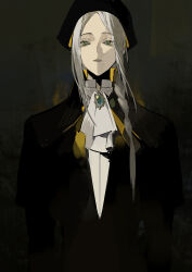 Rule 34 | 1girl, absurdres, ascot, black headwear, black jacket, bloodborne, braid, green eyes, highres, jacket, lady maria of the astral clocktower, long hair, looking at viewer, open mouth, parted bangs, sidelocks, simple background, single braid, solo, upper body, white ascot, white hair, yashugu