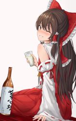 Rule 34 | 1girl, alcohol, arm support, ascot, bare shoulders, blush, bow, brown eyes, brown hair, detached sleeves, female focus, frilled bow, frills, from side, glass, grin, hair bow, hair tubes, hakurei reimu, half updo, highres, koujouchou, long hair, long skirt, looking at viewer, one eye closed, red skirt, ribbon-trimmed sleeves, ribbon trim, sake, shirt, simple background, sitting, skirt, skirt set, sleeveless, sleeveless shirt, smile, solo, touhou, white background, wide sleeves, wooden floor