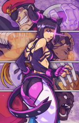 Rule 34 | 1girl, 4boys, armor, ass, baggy pants, balrog (street fighter), bare shoulders, black hair, black panties, bracelet, breasts, capcom, chinese clothes, detached sleeves, drill hair, dudou, edwin huang, fingerless gloves, from behind, gloves, glowing, glowing eye, halterneck, han juri, japanese armor, jewelry, kote, lips, m. bison, md5 mismatch, medium breasts, multiple boys, panties, panties over pantyhose, pants, pantyhose, pink pantyhose, purple eyes, sagat, short hair, short twintails, solo focus, spiked bracelet, spikes, street fighter, street fighter iv (series), twin drills, twintails, underwear, vega (street fighter)