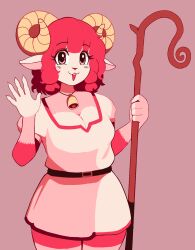 Rule 34 | 1girl, :d, belt, blush, breasts, cleavage, commentary, cowboy shot, dress, english commentary, furry, furry female, highres, holding, holding staff, horns, jewelry, medium breasts, neck bell, necklace, open mouth, original, pink background, pixelatedcrown, red hair, sheep, sheep girl, sheep horns, short hair, smile, solo, staff, waving, white dress