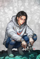 Rule 34 | absurdres, black hair, closed mouth, commentary request, denim, earrings, eyebrows, fingerless gloves, fingernails, forehead, full body, gloves, grey eyes, grey footwear, grey gloves, grey hoodie, gun, handgun, highres, holding, holding gun, holding weapon, hood, hood down, hoodie, jeans, jewelry, kyu yong eom, lips, long sleeves, looking at viewer, medium hair, multiple girls, nike (company), original, pants, partial commentary, pistol, revolver, shell casing, shoelaces, shoes, sitting, sneakers, solo focus, squatting, torn clothes, torn gloves, torn jeans, torn pants, watch, watermark, weapon, wristwatch
