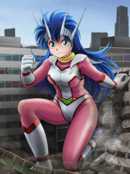 Rule 34 | &gt;:(, 1990s (style), 1girl, aqua eyes, arm support, armor, bad id, bad pixiv id, blue eyes, blue hair, bodysuit, boots, breasts, building, city, clenched hand, day, destruction, dust, flipped hair, frown, full body, giant, giantess, gloves, headgear, highres, knee boots, kneeling, long hair, magical girl, matching hair/eyes, mitsuha (silbuster), outdoors, outstretched arm, pauldrons, railing, reflection, retro artstyle, ruins, serious, shoulder armor, silbuster, sky, skyscraper, solo, tamanegiinyo, v-shaped eyebrows, very long hair, white gloves