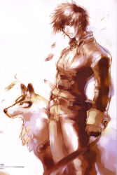 Rule 34 | 1boy, belt, belt pouch, belt skirt, clenched hand, from side, gloves, jewelry, katou miyako, kurando (shadow hearts), long sleeves, looking to the side, male focus, manly, monochrome, multiple belts, necklace, official art, pants, pectorals, pendant, pouch, scan, shadow hearts, shadow hearts ii, short hair, simple background, sketch, sleeve cuffs, solo, spiked hair, standing, strap, wolf, yuri hyuga