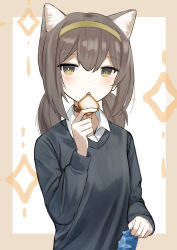 Rule 34 | 1girl, absurdres, animal collar, animal ear fluff, animal ears, blush, brown hair, cat ears, cat girl, chestnut mouth, collar, collared shirt, cookie, food, hairband, hand up, highres, holding, holding food, kuwaiko, long hair, long sleeves, looking at viewer, low twintails, open mouth, original, shirt, solo, sweater, twintails, wrapper, yellow eyes