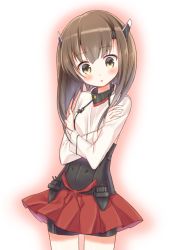 Rule 34 | 1girl, :o, bike shorts, black shorts, blush, breasts, brown eyes, brown hair, crossed arms, hair between eyes, head tilt, headgear, kantai collection, long hair, long sleeves, looking at viewer, masuishi kinoto, parted lips, pleated skirt, red skirt, shirt, short shorts, shorts, skirt, small breasts, solo, taihou (kancolle), white background, white shirt