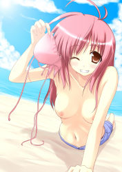 Rule 34 | 1girl, ahoge, arched back, arm support, barefoot, beach, bikini, bikini top only, blush, breasts, brown eyes, cloud, day, foreshortening, holding, holding clothes, holding swimsuit, long hair, lying, medium breasts, navel, nipples, nirap, on stomach, one eye closed, original, outdoors, pink hair, sky, smile, solo, swimsuit, topless, water, wink