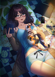 Rule 34 | 1girl, animal, animal on chest, black-framed eyewear, black hair, blush, book, breasts, brown eyes, calico, camisole, cat, cellphone, checkered floor, cleavage, coat, fingernails, holding, holding book, long hair, long sleeves, lying, medium breasts, mole, mole under mouth, navel, on back, on floor, open clothes, open coat, open mouth, original, parted bangs, phone, pillow, shorts, sleeves past wrists, smartphone, smile, solo, sunlight, tablet pc, thighs, unowen