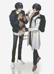 Rule 34 | 2boys, black eyes, black hair, black jacket, black pants, black sweater, black sweater vest, brown footwear, coat, collared shirt, cup, disposable cup, dual persona, full body, highres, holding, holding cup, jacket, laughing, limbus company, long sleeves, milk mustache, multiple boys, pants, project moon, ribbed sweater, sang yi (project moon), satome setsuko, shirt, shoes, simple background, sweater, sweater vest, white background, white coat, white footwear, white shirt, yi sang (project moon)