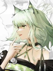 Rule 34 | 1girl, absurdres, animal ear fluff, animal ears, arknights, bare shoulders, black collar, cat ears, chinese commentary, collar, commentary request, criss-cross halter, dress, from side, green dress, green eyes, green hair, halterneck, hand up, highres, kal&#039;tsit (arknights), lips, luan teng, material growth, off-shoulder dress, off shoulder, oripathy lesion (arknights), short hair, signature, solo, stethoscope, zoom layer