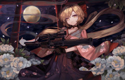 Rule 34 | 1girl, ahoge, assault rifle, black choker, bow, brown gloves, brown hair, bullpup, character name, choker, cloud, cloudy sky, collarbone, diffraction spikes, eyeshadow, floral print, flower, full moon, girls&#039; frontline, gloves, gun, hair between eyes, hair bow, holding, holding gun, holding weapon, huge bow, hyatsu, leaf, long hair, long sleeves, magazine (weapon), makeup, moon, ots-14 (flurry of petals) (girls&#039; frontline), ots-14 groza, outdoors, parted lips, patterned, patterned clothing, ponytail, red bow, rifle, scope, scratches, sky, slit pupils, smoke, solo, star (sky), starry sky, suppressor, tassel, torii, very long hair, weapon, white flower, wide sleeves, yellow eyes