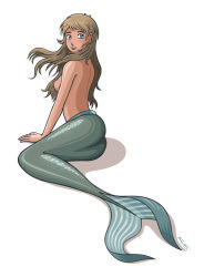 Rule 34 | 1girl, artist name, ass, bare shoulders, blue eyes, blush, breasts, brown hair, floating hair, from behind, full body, karvis, lips, long hair, looking at viewer, medium breasts, mermaid, monster girl, nipples, nude, scales, signature, simple background, sitting, smile, solo, vector trace, white background