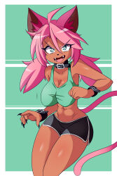 Rule 34 | 1girl, absurdres, animal ears, breasts, cat ears, cat girl, cat tail, colored skin, curvy, dark-skinned female, dark skin, fangs, fingernails, furry, furry female, green eyes, gym uniform, highres, large breasts, looking at viewer, low twintails, lucyfer, navel, nikki (kevin ku), open mouth, original, serious, shiny skin, short hair, short shorts, shorts, simple background, solo, standing, tail, twintails, white skin, wide hips