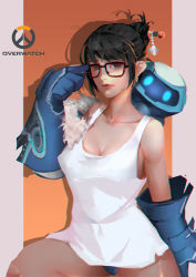 Rule 34 | 1girl, absurdres, adjusting eyewear, alternate costume, black-framed eyewear, blue gloves, blue panties, breasts, brown eyes, brown hair, bukesiyi, chromatic aberration, cleavage, collarbone, commentary request, copyright name, drone, fur trim, glasses, gloves, hair bun, hair ornament, hair stick, highres, large breasts, light smile, lips, logo, looking at viewer, mei (overwatch), nose, orange background, overwatch, overwatch 1, panties, robot, shadow, shirt, short hair, single hair bun, sketch, snowball (overwatch), snowflake hair ornament, solo, striped, striped background, tank top, underwear, vertical stripes, white background, white shirt