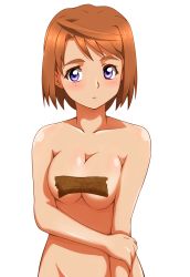 Rule 34 | 00s, 1girl, absurdres, blush, breasts squeezed together, breasts, brown hair, cleavage, highres, my-hime, nude, purple eyes, senga81, short hair, solo, tape, tokiha mai, transparent background