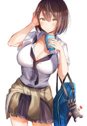Rule 34 | 1girl, absurdres, alternate costume, asymmetrical bangs, azur lane, bag, baltimore (after-school ace) (azur lane), baltimore (azur lane), beige sweater, black necktie, black skirt, braid, breasts, brown hair, brown sweater, choker, cleavage, closed mouth, clothes around waist, collarbone, collared shirt, commentary request, cup, disposable cup, french braid, hair between eyes, hand in own hair, highres, holding, holding cup, large breasts, looking at viewer, loose necktie, necktie, pleated skirt, pnatsu, school bag, school uniform, shirt, short hair, short sleeves, simple background, skirt, smile, solo, standing, sweater, sweater around waist, white background, white shirt, yellow eyes