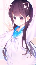 Rule 34 | 1girl, animal ears, arm up, blue sailor collar, blush, brown eyes, brown hair, cardigan, chikuwa., closed mouth, collarbone, commentary, drawn whiskers, face filter, heart, heart in eye, highres, long hair, long sleeves, looking at viewer, neckerchief, original, reaching, reaching towards viewer, sailor collar, school uniform, selfie, serafuku, sidelocks, sleeves past wrists, solo, symbol-only commentary, symbol in eye, upper body, v, very long hair, whiskers, white cardigan, white neckerchief