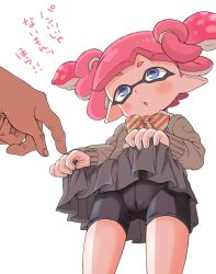 Rule 34 | !, !!, 1girl, :o, absurdres, bike shorts, blue eyes, blunt bangs, blush, bow, bowtie, cameltoe, cardigan, clothes lift, cowboy shot, full body, highres, inkling, inkling girl, inkling player character, long sleeves, nintendo, open mouth, pink hair, pleated skirt, pointing, pointy ears, short twintails, simple background, skirt, skirt lift, solo, solo focus, splatoon (series), splatoon 2, striped, striped bow, tentacle hair, text focus, translation request, twintails, white background, yoshizawa miyabi