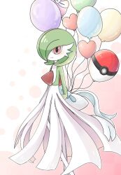 Rule 34 | 1girl, arms behind back, back bow, balloon, blush, bob cut, bow, closed mouth, colored skin, creatures (company), female focus, flat chest, full body, game freak, gardevoir, gen 3 pokemon, gradient background, green hair, green skin, hair over one eye, happy, heart balloon, highres, holding, holding balloon, jpeg artifacts, looking at viewer, multicolored skin, nintendo, one eye covered, pink background, poke ball theme, pokemon, pokemon (creature), red eyes, short hair, smile, solo, standing, suzu (pixiv 32232702), two-tone skin, white bow, white skin