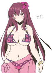 Rule 34 | 1girl, artist name, bikini, breasts, cleavage, cowboy shot, dated, fate/grand order, fate (series), flower, hair flower, hair ornament, highres, large breasts, looking at viewer, purple eyes, purple hair, sarong, scathach (fate), scathach (fate/grand order), scathach (swimsuit assassin) (fate), smile, solo, swimsuit, taira yuuki, white background