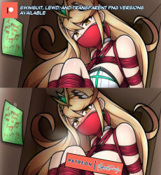 Rule 34 | 1girl, bdsm, blonde hair, bondage, bound, breasts, censored, censored by text, gem, hair ornament, headpiece, highres, indoors, jewelry, large breasts, long hair, magnolia-baillon, mythra (xenoblade), nervous, nintendo, nude, solo, swept bangs, swimsuit, tiara, very long hair, xenoblade chronicles (series), xenoblade chronicles 2, yellow eyes