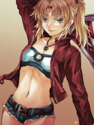 Rule 34 | 1girl, bandeau, belt, blonde hair, breasts, brown background, brown belt, cleavage cutout, clothing cutout, commentary request, fate/apocrypha, fate (series), green eyes, holding, holding sword, holding weapon, jacket, jewelry, lo lis, micro shorts, midriff, mordred (fate), mordred (fate/apocrypha), mordred (memories at trifas) (fate), navel, necklace, ponytail, red jacket, shorts, signature, small breasts, smile, solo, sword, upper body, weapon