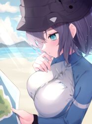 Rule 34 | 1girl, absurdres, beach, blue archive, blush, breasts, bucket hat, gou 213, hat, highres, large breasts, light rays, long sleeves, looking at object, map, official alternate costume, outdoors, profile, purple hair, rash guard, saki (blue archive), saki (swimsuit) (blue archive), solo, upper body