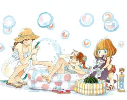 Rule 34 | 3girls, :d, ^ ^, ahoge, air pump, animal, arms up, bare arms, bare shoulders, barefoot, bikini, bikini top only, blunt bangs, blush, blush stickers, bob cut, bowl cut, breasts, brown hair, bubble, cat, cleavage, closed eyes, collarbone, covering face, dot nose, dress, fingernails, flower, food, fruit, full body, furrowed brow, green eyes, hat, highres, holding, holding animal, holding hose, hose, kawamoto akari, kawamoto hinata, kawamoto momo, large breasts, laughing, looking down, multiple girls, open mouth, orange hair, partially submerged, plaid, plaid swimsuit, pom pom (clothes), red bikini, sandals, sangatsu no lion, siblings, simple background, sisters, smile, soles, standing, strapless, strapless dress, straw hat, striped bikini, striped bikini top, striped clothes, sun hat, swimsuit, toenails, twintails, umino chika, wading pool, water, water drop, watermelon, wet, white background, white dress, white flower, wide-eyed