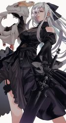 Rule 34 | 1girl, bare shoulders, black bow, black dress, bow, commentary request, drag-on dragoon, drag-on dragoon 3, dragon, dress, flower, flower over eye, gauss &lt;bokashi, hair bow, hair ornament, hairpin, highres, holding, holding sword, holding weapon, long hair, mikhail (drag-on dragoon), nier (series), nier reincarnation, official alternate costume, prosthesis, prosthetic arm, red eyes, sword, very long hair, weapon, white background, white hair, yellow eyes, zero (drag-on dragoon)